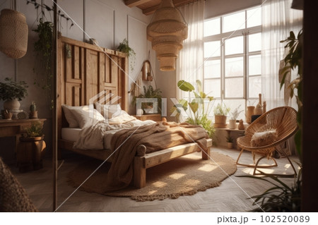 Stylish bedroom in boho style with beautiful light, bed interior made of natural materials 102520089
