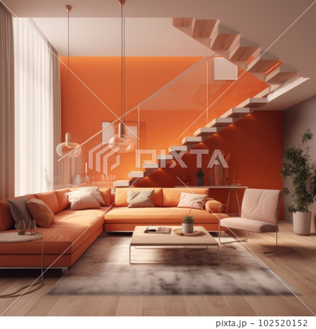 Modern cozy living room, in soothing warm colors, with modern furniture made of natural materials, with a staircase to the upper floors 102520152