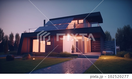 Modern country house with solar panels on the roof, beautiful modern architecture with modern technologies, alternative energy. 102520277