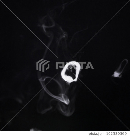 Smoke ring movement, white png and transparent background with pollution swirl. Fig, art and steam pattern in the air with isolated smoking and incense creativity with abstract motion 102520369