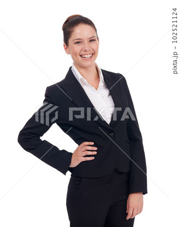 Business, portrait and happy woman in studio confident, young and empowered on white background. Face, smile and female manager person posing with positivity, proud and professional while isolated 102521124