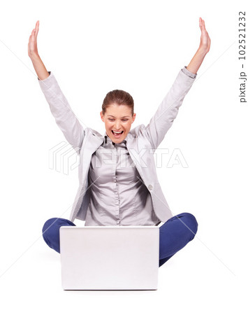 Celebration, winning and businesswoman in a studio with laptop for online sports bet success. Happy, celebrate and professional female person with a smile and computer isolated by a white background. Celebration, winning and businesswoman in a studio with laptop for online sports bet success. Happy, celebrate and professional female person with a smile and computer isolated by a white background. 102521232