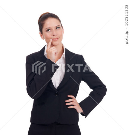 Thinking, business and woman with ideas, opportunity and employee isolated against white studio background. Female person, entrepreneur and consultant with choices, promotion and thoughts with career 102521238
