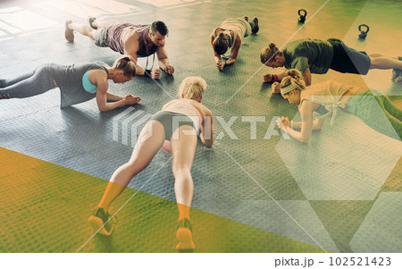 Plank, fitness people and gym group together for exercise, workout and training in class. Athlete men and women from above for power challenge, commitment or strong muscle at a club with overlay Plank, fitness people and gym group together for exercise, workout and training in class. Athlete men and women from above for power challenge, commitment or strong muscle at a club with overlay 102521423