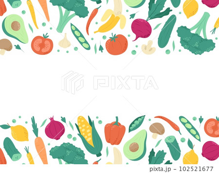 Fruits and vegetables, set of healthy vegetarian or vegan food. Hand drawn vector illustration with copy space 102521677