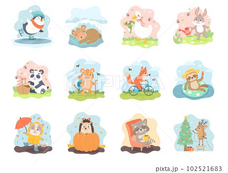Cute animals in different seasonal scenes. Set for calendar or cards, cute animals, hand drawn vector illustrations collection 102521683
