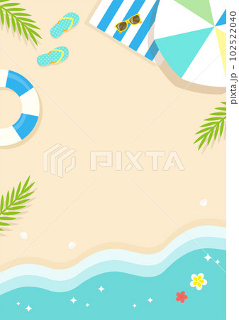 真夏の海岸、パラソルと浮き輪とビーチサンダルのある砂浜の背景素材＿ブルーのマリングッズ 102522040