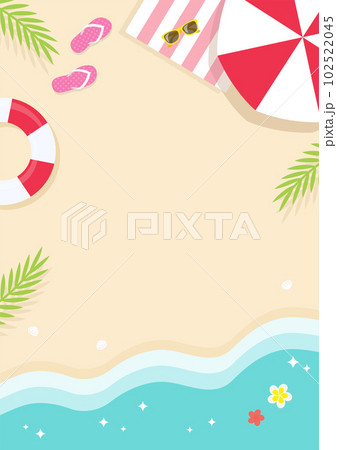 真夏の海岸、パラソルと浮き輪とビーチサンダルのある砂浜の背景素材＿赤いマリングッズ 102522045