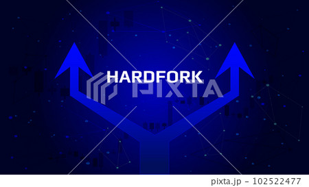 Cryptocurrency hardfork concept with double arrow on dark blue background. Splitting the coin into two parts. Vector illustration. 102522477