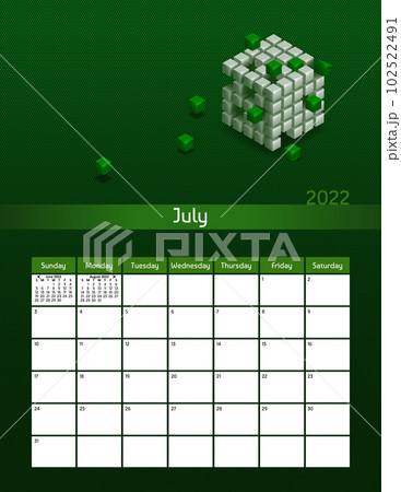 Us letter paper size vector futuristic monthly planner calendar July 2022 week starts on Sunday. Vertical technology organizer, habit tracker with blockchain cubes. Colorful modern illustration. 102522491