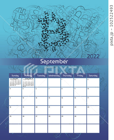 Us letter paper size vector futuristic monthly planner calendar September 2022 week starts on Sunday. Vertical technology organizer, habit tracker with Bitcoin cryptocurrency theme. 102522493