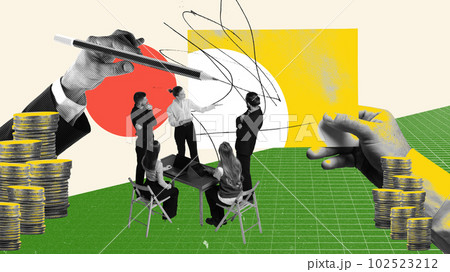 Business conference. Employees, colleagues on meeting, discussing financial analytics, developing working strategies for success. Contemporary art collage. 102523212