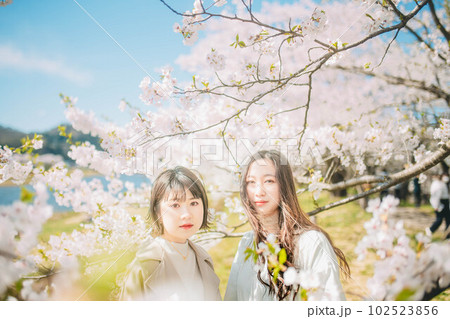 綺麗な女性二人と桜 102523856