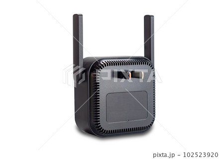 Back view of wireless wi-fi signal range extender on white background. 102523920