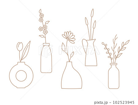 Set of outline flowers, twigs in ceramic vases. Bouquet vector illustration for card, story, web, banner. Set of outline flowers, twigs in ceramic vases. Bouquet vector illustration for card, story, web, banner. 102523945