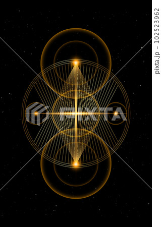 Planetary sacred geometry, gold lines overlap, triangles shape on circles. Orbits of energy circle. Alchemy, magic, esoteric, occultism symbols. Golden divine cross, vector isolated, black background 102523962