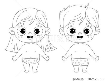 Two cute smiling kids in shorts. Outline drawing coloring book. Vector illustration. Childrens collection. Drawing coloring book. Isolated funny kids on white background Two cute smiling kids in shorts. Outline drawing coloring book. Vector illustration. Childrens collection. Drawing coloring book. Isolated funny kids on white background 102523968