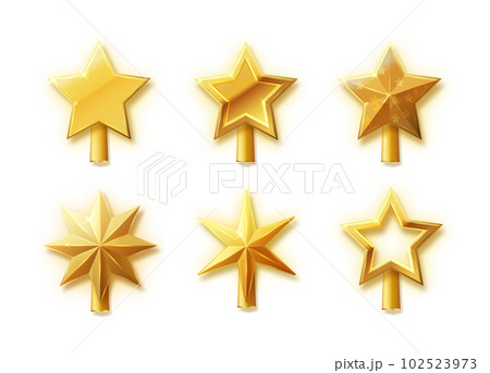 Christmas gold tree topper vector. 3d realistic golden star decoration in , decorative traditional shiny design for top of Xmas pine tree. Vector 102523973
