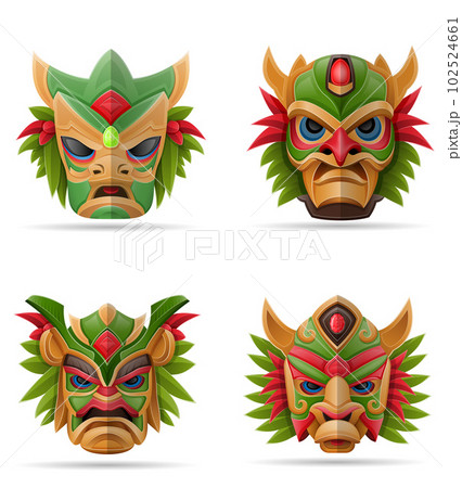 tiki mask hawaiian ancient tropical totem head face idol made of wood vector illustration 102524661