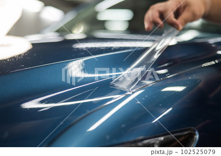 The master in the car service applies a protective armor film to the car body.  102525079