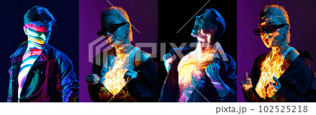 Collage. Cyberspace. Handsome young guy and beautiful girl with neon filter reflection on body over dark background Collage. Cyberspace. Handsome young guy and beautiful girl with neon filter reflection on body over dark background 102525218