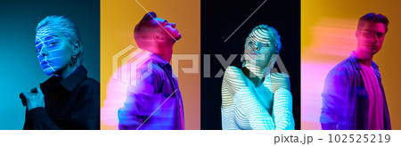 Collage. Portrait of young handsome guy and beautiful girl with holographic neon filter light reflection on body over multicolored background 102525219