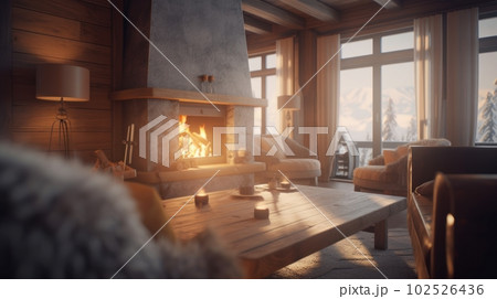 Interior of a country wooden house with a fireplace with skins on the floor. 102526436