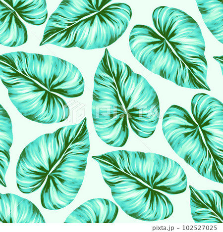 Tropical leaf seamless pattern. Colorful vivid print with beautiful palm jungle leaves. Repeated luxury design for packaging, cosmetic, fashion, textile, wallpaper. Realistic high quality illustration 102527025