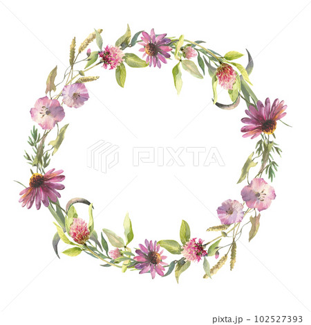 Floral wreath. Watercolor field flower round frame. Wildflowers isolated on white background. Meadow flowers circle border. Floral wreath. Watercolor field flower round frame. Wildflowers isolated on white background. Meadow flowers circle border. 102527393
