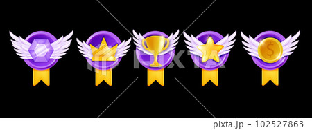 3D game badge set, vector level up medal icon kit, golden rank crown, award star emblem coin.  102527863