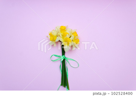 bouquet of yellow daffodils on a pink background, spring concept bouquet of yellow daffodils on a pink background, spring concept 102528400