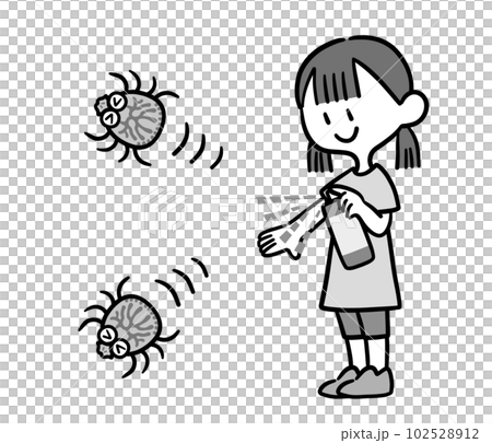 Girl using insect repellent spray black and white 102528912