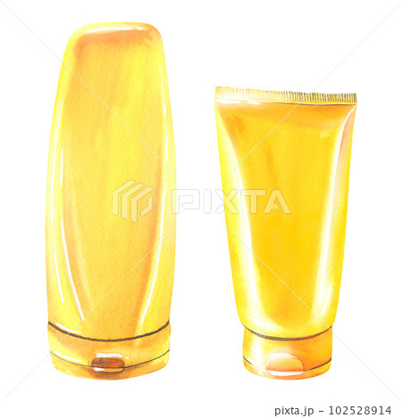 Tubes for sunscreen, yellow. Watercolor illustration. Isolated objects on white background from BEACH HOLIDAY collection. For design of summer any cosmetics, advertising, presentation Tubes for sunscreen, yellow. Watercolor illustration. Isolated objects on white background from BEACH HOLIDAY collection. For design of summer any cosmetics, advertising, presentation 102528914