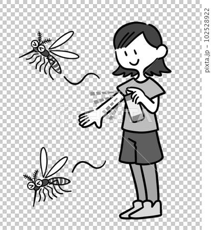 虫除けスプレーを使う女性 白黒 虫除けスプレーを使う女性 白黒 102528922