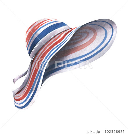 Summer, striped, beach hat in white, blue and red. Watercolor illustration, hand drawn. Isolated object on a white background. 102528925