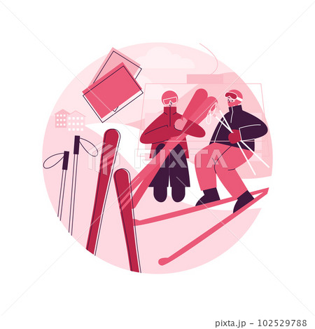 Skiing abstract concept vector illustration. Winter adventure, mountain slope, outdoor sport, family fun, mountainside resort, downhill, extreme vacation, snow peak, holiday abstract metaphor. Skiing abstract concept vector illustration. Winter adventure, mountain slope, outdoor sport, family fun, mountainside resort, downhill, extreme vacation, snow peak, holiday abstract metaphor. 102529788
