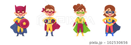 Smiling Boy and Girl Character in Superhero Costume and Cloak Standing Ready to Save the World Vector Illustration Set Smiling Boy and Girl Character in Superhero Costume and Cloak Standing Ready to Save the World Vector Illustration Set 102530656