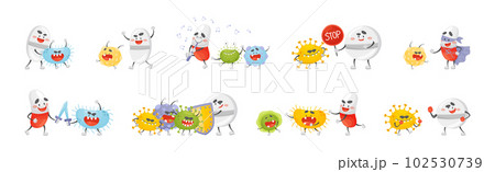 Medical Tablet and Pill Fighting Against Virus and Microbes Vector Set Medical Tablet and Pill Fighting Against Virus and Microbes Vector Set 102530739