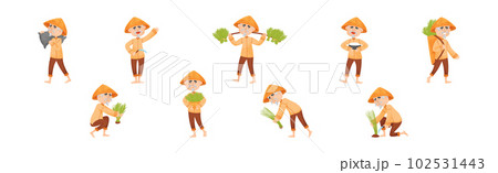 Asian Man Farmer in Straw Conical Hat Planting Rice Grass Vector Set Asian Man Farmer in Straw Conical Hat Planting Rice Grass Vector Set 102531443