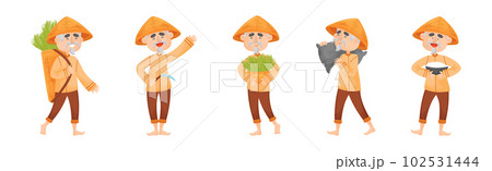 Asian Man Farmer in Straw Conical Hat Planting Rice Grass Vector Set Asian Man Farmer in Straw Conical Hat Planting Rice Grass Vector Set 102531444