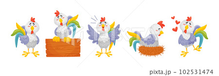 Rooster Funny Character with Bright Feathers Engaged in Different Activity Vector Set 102531474
