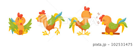 Rooster Funny Character with Bright Feathers Engaged in Different Activity Vector Set 102531475