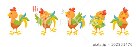 Rooster Funny Character with Bright Feathers Engaged in Different Activity Vector Set 102531476