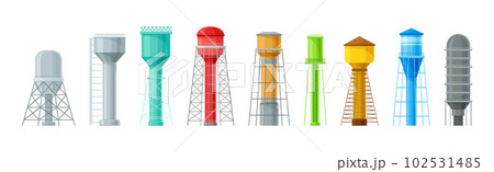 Elevated Water Tower or Tank Made of Metal for Storing Water Vector Set 102531485