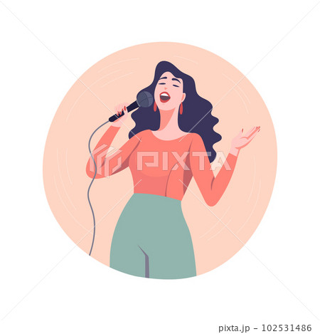 Happy woman singer, rock or pop vocalist singing in microphone. Flat cartoon 102531486