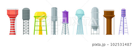 Elevated Water Tower or Tank Made of Metal for Storing Water Vector Set 102531487