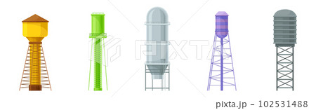 Elevated Water Tower or Tank Made of Metal for Storing Water Vector Set 102531488