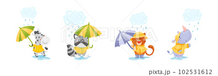 Smiling Animals Wearing Coat Walking on Puddles in Rainy Day with Umbrella Vector Set 102531612