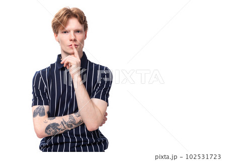 smart handsome 25s blond man wearing a t-shirt smart handsome 25s blond man wearing a t-shirt 102531723