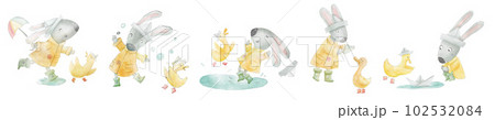 Cute watercolor children's illustration of bunny and duckling playing in the rain 102532084
